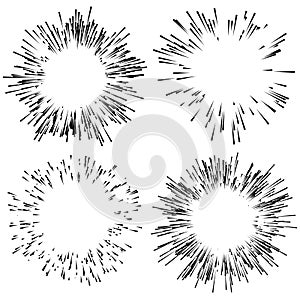 Set of 4 fireworks, explosion elements. Radiating lines in random, irregular fashion