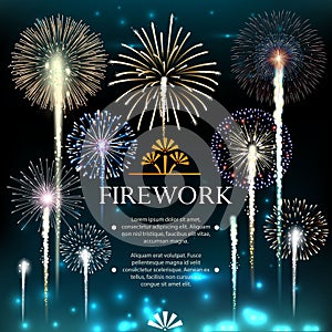 Set of fireworks, festive banner, invitation to a holiday.