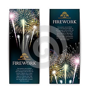 Set of fireworks, festive vertical banner, firecracker vector