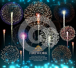 Set of fireworks, invitation to a holiday. Vector