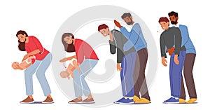 Set First Aid Food Choking. Male And Female Characters Choke-bore. Mother Trying To Help Newborn Vector Illustration photo