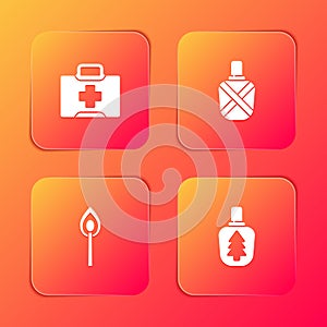 Set First aid kit, Canteen water bottle, Burning match with fire and icon. Vector