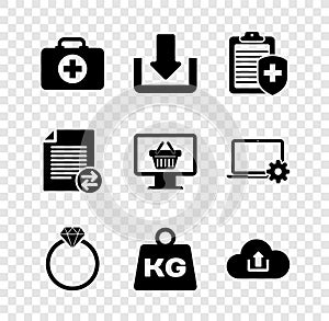 Set First aid kit, Download, Clipboard with medical insurance, Diamond engagement ring, Weight and Cloud upload icon