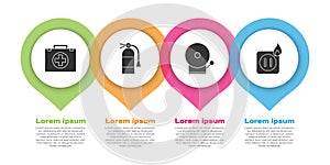 Set First aid kit, Fire extinguisher, Ringing alarm bell and Electric wiring of socket in fire. Business infographic