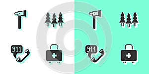 Set First aid kit, Firefighter axe, Telephone call 911 and Forest icon. Vector