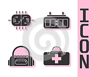 Set First aid kit, Hockey table, Sport bag and Hockey mechanical scoreboard icon. Vector