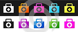 Set First aid kit icon isolated on black and white background. Medical box with cross. Medical equipment for emergency
