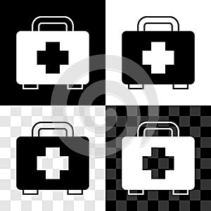 Set First aid kit icon isolated on black and white, transparent background. Medical box with cross. Medical equipment