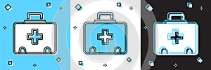 Set First aid kit icon isolated on blue and white, black background. Medical box with cross. Medical equipment for