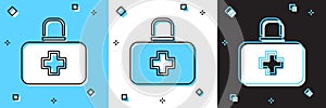 Set First aid kit icon isolated on blue and white, black background. Medical box with cross. Medical equipment for