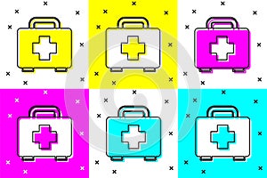 Set First aid kit icon isolated on color background. Medical box with cross. Medical equipment for emergency. Healthcare