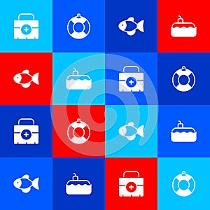 Set First aid kit, Lifebuoy, Fish and Submarine icon. Vector