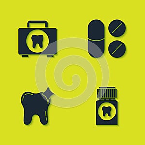 Set First aid kit, Painkiller tablet, Tooth whitening and icon. Vector