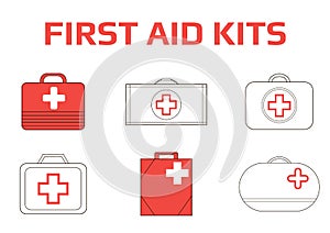 Set of first aid kits in red black and white
