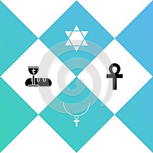 Set First communion symbols, Christian cross chain, Star of David and Cross ankh icon. Vector