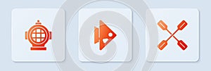 Set Fish, Aqualung and Paddle. White square button. Vector