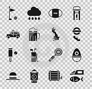 Set Fish and chips, British police helmet, London underground, Rugby ball, Wooden beer mug, Taxi car, Golf flag and