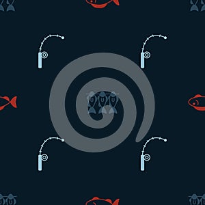 Set Fish, Dried fish and Fishing rod on seamless pattern. Vector