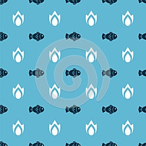 Set Fish and Fire flame on seamless pattern. Vector