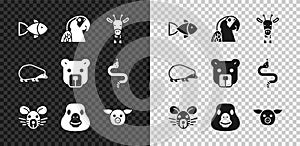Set Fish, Macaw parrot, Giraffe head, Rat, Goose bird, Pig, Hedgehog and Bear icon. Vector