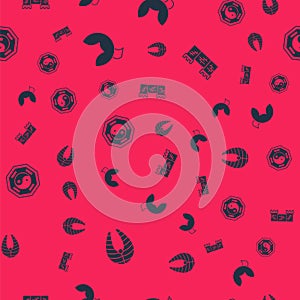 Set Fish steak, Chinese fortune cookie, Yin Yang and Great wall of China on seamless pattern. Vector