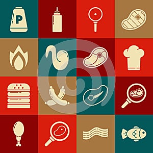Set Fish, Steak meat in frying pan, Chef hat, Frying, Fried chicken wing, Fire flame, Pepper and icon. Vector