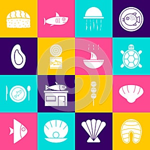 Set Fish steak, Scallop sea shell, Turtle, Jellyfish, Canned, Mussel, Sushi and Shark fin soup icon. Vector