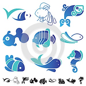 Set of fish symbol icons.