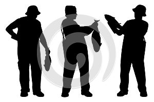 Set of fisherman with giant fish silhouette vector