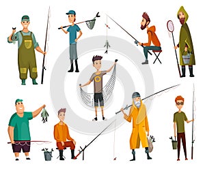Set of fishermans fishing with fishing rod. Fishing equipment, leisure and hobby catch fish. Fisherman with fish