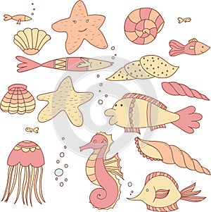 Set of Fishes, Shells, Jellyfishes, Sea Stars and Bubbles Eighteen Elements.