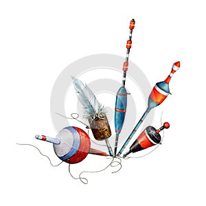 Set of Fishing Bobber is drawn on a white bright background and different patterns of floats