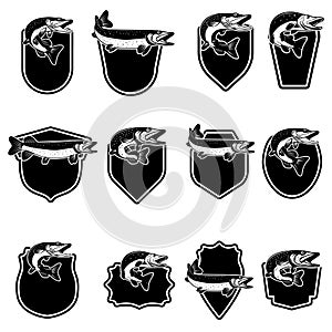 Set of fishing emblems with pike fish Design element for emblem, sign, badge.