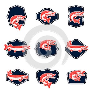 Set of fishing emblems with pike fish Design element for emblem, sign, badge.