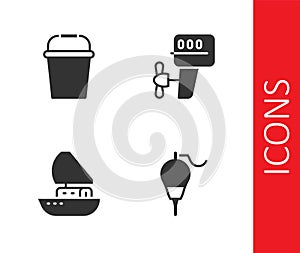 Set Fishing float, bucket, Yacht sailboat and Outboard motor icon. Vector