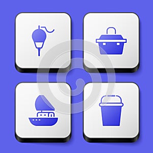 Set Fishing float, Case or box for fishing equipment, Yacht sailboat and bucket icon. White square button. Vector