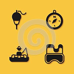 Set Fishing float, Diving mask, Fisherman boat and Compass icon with long shadow. Vector