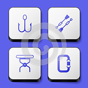 Set Fishing hook, Oars or paddles boat, Camping folding chair and Carabiner icon. White square button. Vector