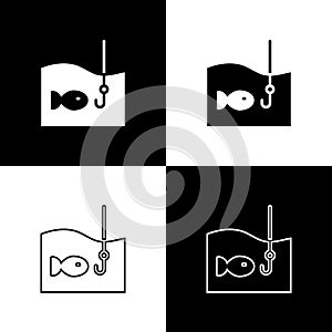 Set Fishing hook under water with fish icon isolated on black and white background. Fishing tackle.  Vector