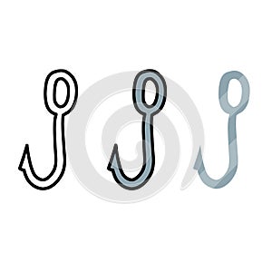 Set of fishing hooks and tackle. Fishhook in different styles. Hobbies and hunting. Rod element