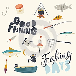 Set of Fishing Icons Boat, Rod and Net with Fish, Campfire with Cauldron and Soup. Bait, Hook Tackle on White Background