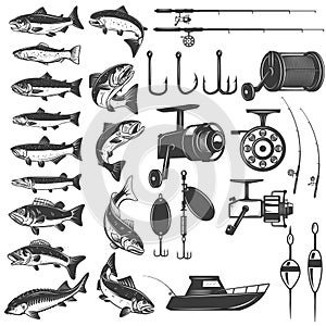 Set of fishing icons. Fish icons, fishing rods. Design element for logo, label, emblem, sign.