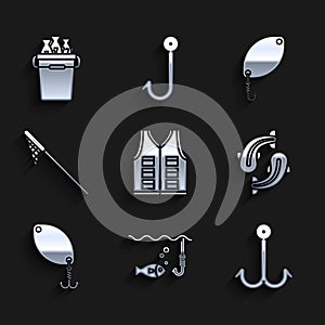 Set Fishing jacket, hook under water with fish, spoon, net, and bucket fishes icon. Vector