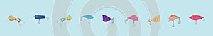Set of fishing lure cartoon icon design template with various models. vector illustration isolated on blue background