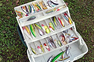 Set of fishing lures in tackle box