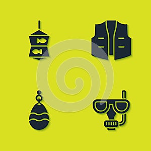 Set Fishing net with fish, Diving mask and snorkel, spoon and jacket icon. Vector