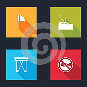 Set Fishing net with fish, float water, Folding chair and No fishing icon. Vector