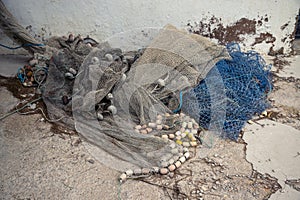 Set of fishing nets of different textures and purposes