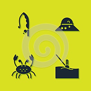 Set Fishing rod, float water, Crab and Fisherman hat icon. Vector