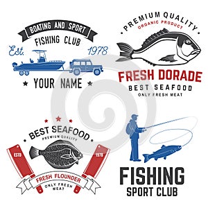 Set of fishing and seafood badges, logos, labels, sticker. Vector. For emblem, sign, patch, shirt, menu restaurants with